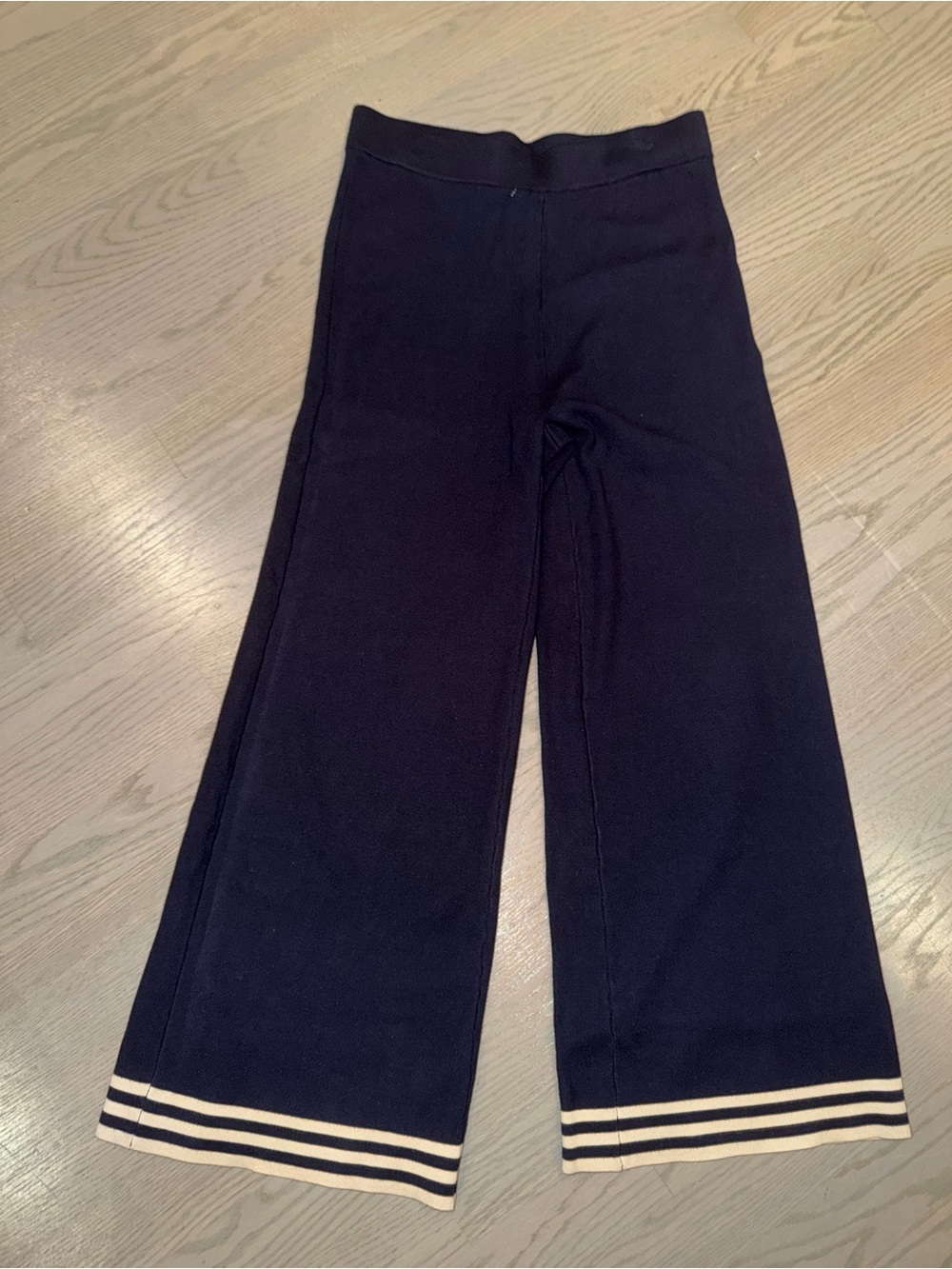 Caroline Constas Navy Wide-Leg Knit Pants with Cream Stripe Hem